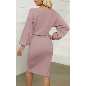 MIROL Women's Casual 2023 Long Puff Sleeve Solid Bodycon Midi Dress Ribbed Knit Oversized Pullover Sweater Dress Purple