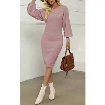 MIROL Women's Casual 2023 Long Puff Sleeve Solid Bodycon Midi Dress Ribbed Knit Oversized Pullover Sweater Dress Purple