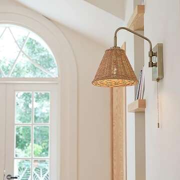 Globe Electric x Novogratz 65000052 1-Light Wall Sconce, Matte Brass Finish, Rattan Shade, On/Off Pu...