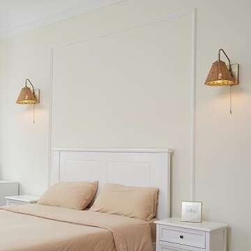 Globe Electric x Novogratz 65000052 1-Light Wall Sconce, Matte Brass Finish, Rattan Shade, On/Off Pull Chain Switch, Wall-Lamp, Kitchen Sconces Lighting, Lights for Living Room