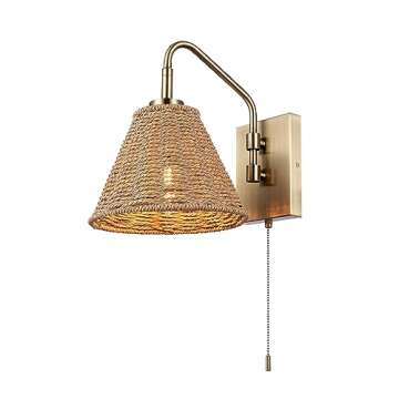 Globe Electric x Novogratz 65000052 1-Light Wall Sconce, Matte Brass Finish, Rattan Shade, On/Off Pull Chain Switch, Wall-Lamp, Kitchen Sconces Lighting, Lights for Living Room