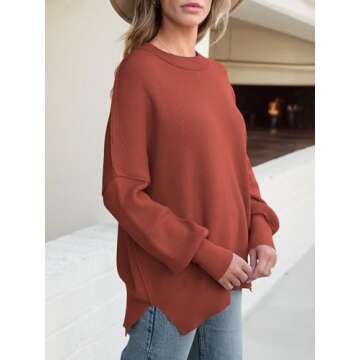 ANRABESS Women Crewneck Batwing Long Sleeve 2024 Fall Oversized Side Slit Ribbed Knit Pullover Sweaters Top Cozy Outfits Rust Medium