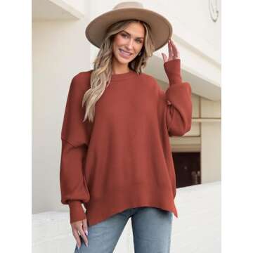 ANRABESS Women Crewneck Batwing Long Sleeve 2024 Fall Oversized Side Slit Ribbed Knit Pullover Sweaters Top Cozy Outfits Rust Medium