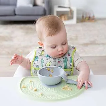 Bumkins Baby Bowl, Silicone Feeding Set with Suction for Baby and Toddler, Includes Spoon and Lid, First Feeding Set, Training Essentials for Baby Led Weaning for Babies 4 Months Up, Gray