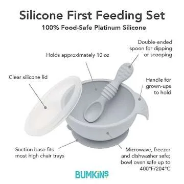 Bumkins Baby Bowl, Silicone Feeding Set with Suction for Baby and Toddler, Includes Spoon and Lid, First Feeding Set, Training Essentials for Baby Led Weaning for Babies 4 Months Up, Gray
