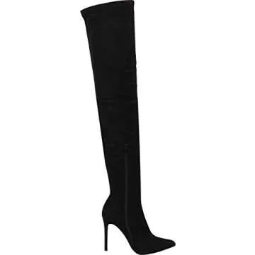 Liliana DB54 Women Suede Pointy Toe Thigh High Single Sole Stiletto Boot,Black,9