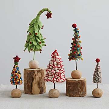Creative Co-Op 2-1/4" Round x 8" H Handmade Wool Felt Pom Pom Tree w/Beaded Star & Wood Ball Base, Multi Color