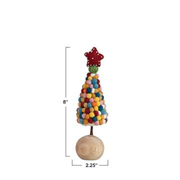 Creative Co-Op 2-1/4" Round x 8" H Handmade Wool Felt Pom Pom Tree w/Beaded Star & Wood Ball Base, Multi Color