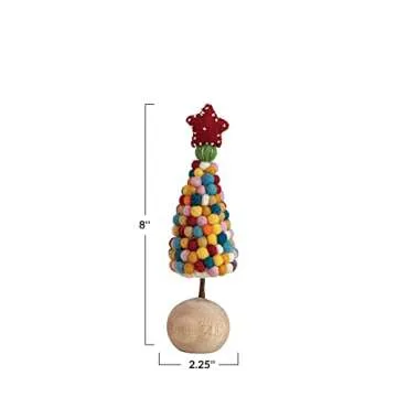 Creative Co-Op 2-1/4" Round x 8" H Handmade Wool Felt Pom Pom Tree w/Beaded Star & Wood Ball Base, Multi Color