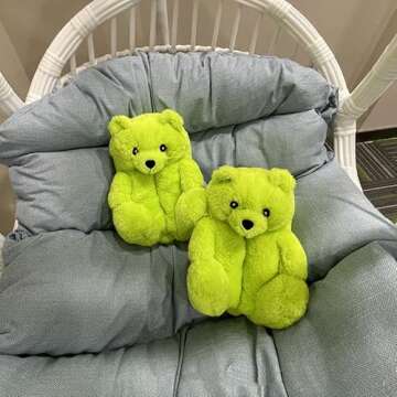 fanala Teddy Bear Slippers women's Plush Animal Slippers Winter Warm Shoes anti-slipper (Green)