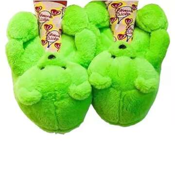 fanala Teddy Bear Slippers women's Plush Animal Slippers Winter Warm Shoes anti-slipper (Green)