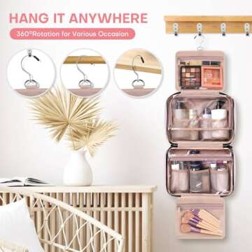 HXLGMD Travel Toiletry Bag for Women, Portable Makeup Cosmetic Bag with Hanging Hook, Travel Essentials 3 in 1 Packing Organizer Travel Bag for Accessories, Shampoo, Full-size Container, Toiletries