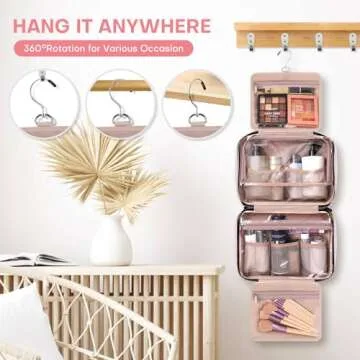 HXLGMD Travel Toiletry Bag for Women, Portable Makeup Cosmetic Bag with Hanging Hook, Travel Essentials 3 in 1 Packing Organizer Travel Bag for Accessories, Shampoo, Full-size Container, Toiletries