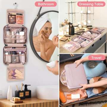 HXLGMD Travel Toiletry Bag for Women, Portable Makeup Cosmetic Bag with Hanging Hook, Travel Essentials 3 in 1 Packing Organizer Travel Bag for Accessories, Shampoo, Full-size Container, Toiletries