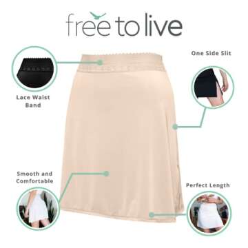 Free to Live 3-Pack Women's Half Slip Underskirt for Women, Above the Knee Length - Lace Trim Waist ...
