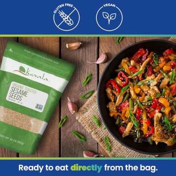 Kevala Organic Toasted Sesame Seeds - Unhulled Seeds, Gluten Free, Vegan Seasoning, Roasted Sesame for Tahini, Non-GMO, Kosher, Bag, 32 oz, 2 lb