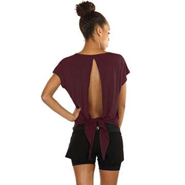 icyzone Open Back Workout Tops for Women - Athletic Activewear T-Shirts Exercise Yoga Shirts(Pack of 2) (L, Wine/Agate Green)