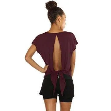 icyzone Open Back Workout Tops for Women - Athletic Activewear T-Shirts Exercise Yoga Shirts(Pack of 2) (L, Wine/Agate Green)