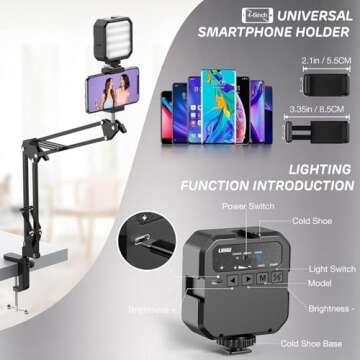 Overhead Phone Mount, Articulating Arm Cell Phone Holder with LED Light, Flexible Phone Stand for Live Streaming, Video Recording, Painting Lighting, Cooking