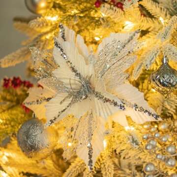 KI Store Large Christmas Poinsettia 6pcs White and Silver Artificial Flower Picks Spray for Christmas Tree Decoration Wreath Garland