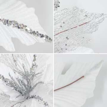 KI Store Large Christmas Poinsettia 6pcs White and Silver Artificial Flower Picks Spray for Christmas Tree Decoration Wreath Garland