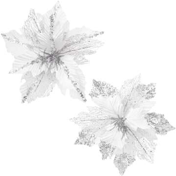 KI Store Large Christmas Poinsettia 6pcs White and Silver Artificial Flower Picks Spray for Christmas Tree Decoration Wreath Garland