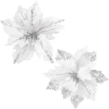 KI Store Large Christmas Poinsettia 6pcs White and Silver Artificial Flower Picks Spray for Christmas Tree Decoration Wreath Garland