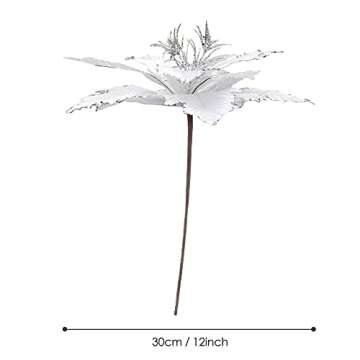 KI Store Large Christmas Poinsettia 6pcs White and Silver Artificial Flower Picks Spray for Christmas Tree Decoration Wreath Garland