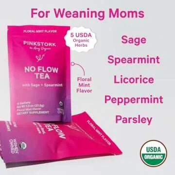 Pink Stork No Flow - Organic Sage Tea to Dry Up Breast Milk Supply and Decrease Milk Production, Stop Breastfeeding, Wean Lactation Naturally, Postpartum Essentials - Hot or Iced - 15 Sachets