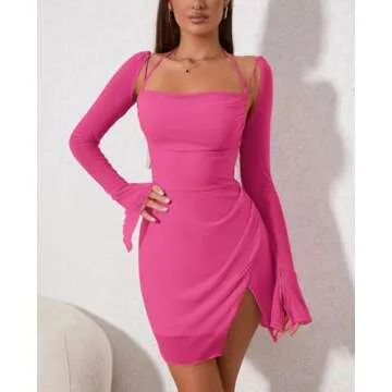 HTZMO Sexy Women's Halter Flounce Sleeves Ruched Mini Dress Sheer Mesh Side Split Cute Party Short Dresses HotPink XS