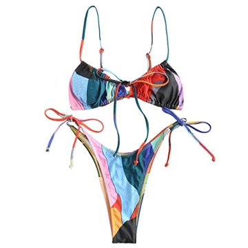 ZAFUL Womens High Cut Thong Bikini Set - Fun Color Block Swimwear for Summer