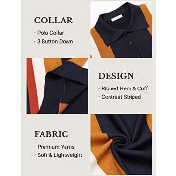 COOFANDY Mens Vintage Stripe Knit Polo Shirt Button Golf Sweater, Navy Blue & Yellow, Large, Short Sleeve