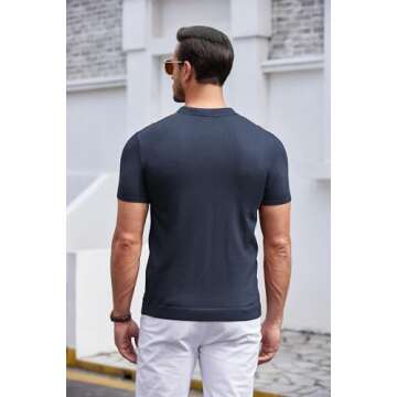 COOFANDY Mens Vintage Stripe Knit Polo Shirt Button Golf Sweater, Navy Blue & Yellow, Large, Short Sleeve