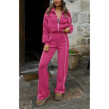 BTFBM Women's Two Piece Tracksuit Fall 2025 Long Sleeve Zip Up Sweatshirt Long Pants Outfits Jogger Sweatsuit Sets(Solid Rose Red,Medium)