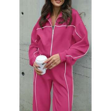 BTFBM Women's Two Piece Tracksuit Fall 2025 Long Sleeve Zip Up Sweatshirt Long Pants Outfits Jogger Sweatsuit Sets(Solid Rose Red,Medium)