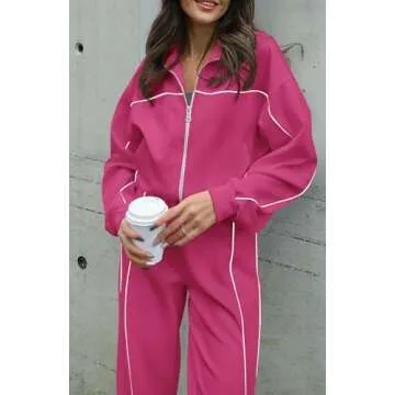 BTFBM Women's Two Piece Tracksuit Fall 2025 Long Sleeve Zip Up Sweatshirt Long Pants Outfits Jogger Sweatsuit Sets(Solid Rose Red,Medium)