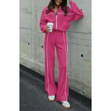 BTFBM Women's Two Piece Tracksuit Fall 2025 Long Sleeve Zip Up Sweatshirt Long Pants Outfits Jogger Sweatsuit Sets(Solid Rose Red,Medium)