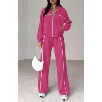 BTFBM Women's Two Piece Tracksuit Fall 2025 Long Sleeve Zip Up Sweatshirt Long Pants Outfits Jogger Sweatsuit Sets(Solid Rose Red,Medium)