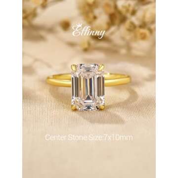 Effinny 3.5ct Solitaire Elongated Emerald Cut Engagement Ring for Women,Yellow Gold Sterling Silver ...