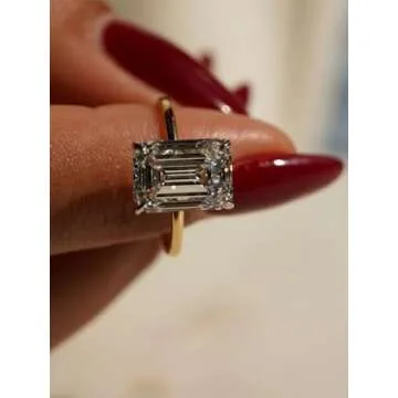 Effinny 3.5ct Solitaire Elongated Emerald Cut Engagement Ring for Women,Yellow Gold Sterling Silver Simulated Diamond Promise Ring(size:6)