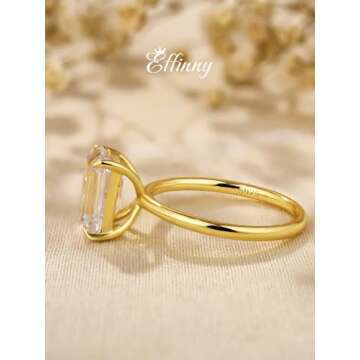 Effinny 3.5ct Solitaire Elongated Emerald Cut Engagement Ring for Women,Yellow Gold Sterling Silver Simulated Diamond Promise Ring(size:6)