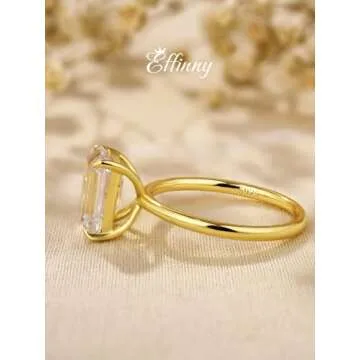 Effinny 3.5ct Solitaire Elongated Emerald Cut Engagement Ring for Women,Yellow Gold Sterling Silver Simulated Diamond Promise Ring(size:6)