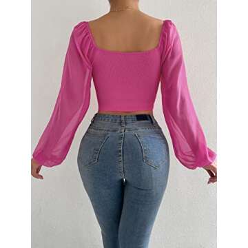 Verdusa Women's Sweetheart Neck Drawstring Ruched Lantern Sleeve Crop Top Blouse Hot Pink S