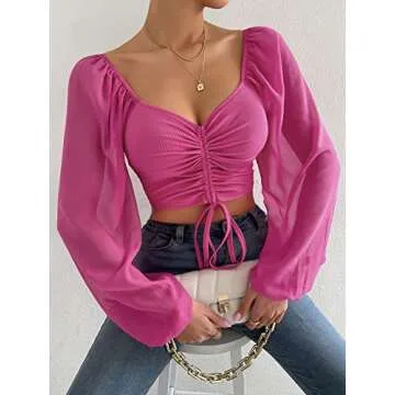 Verdusa Women's Sweetheart Neck Drawstring Ruched Lantern Sleeve Crop Top Blouse Hot Pink S