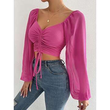 Verdusa Women's Sweetheart Neck Drawstring Ruched Lantern Sleeve Crop Top Blouse Hot Pink S