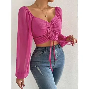 Verdusa Women's Sweetheart Neck Drawstring Ruched Lantern Sleeve Crop Top Blouse Hot Pink S