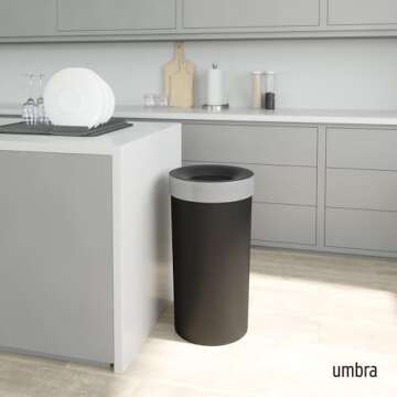 Umbra Vento Kitchen Trash Can with Open Top, Large 16-Gallon (62 L) Capacity, Black/Nickel