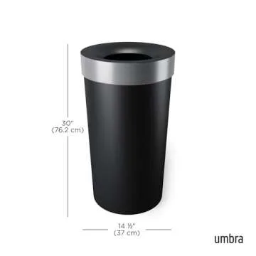 Umbra Vento Kitchen Trash Can with Open Top, Large 16-Gallon (62 L) Capacity, Black/Nickel
