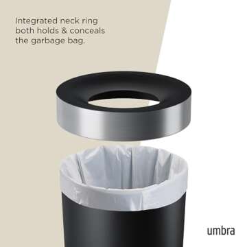 Umbra Vento Kitchen Trash Can with Open Top, Large 16-Gallon (62 L) Capacity, Black/Nickel