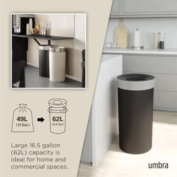 Umbra Vento Kitchen Trash Can with Open Top, Large 16-Gallon (62 L) Capacity, Black/Nickel